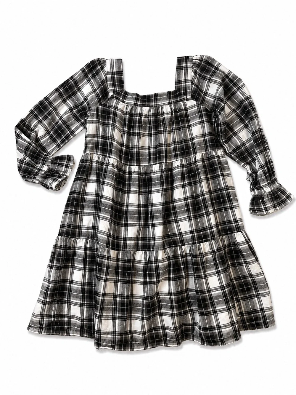 Gap Kids Girls S 6–7 Black White Plaid Tiered Square Neck Cotton Dress